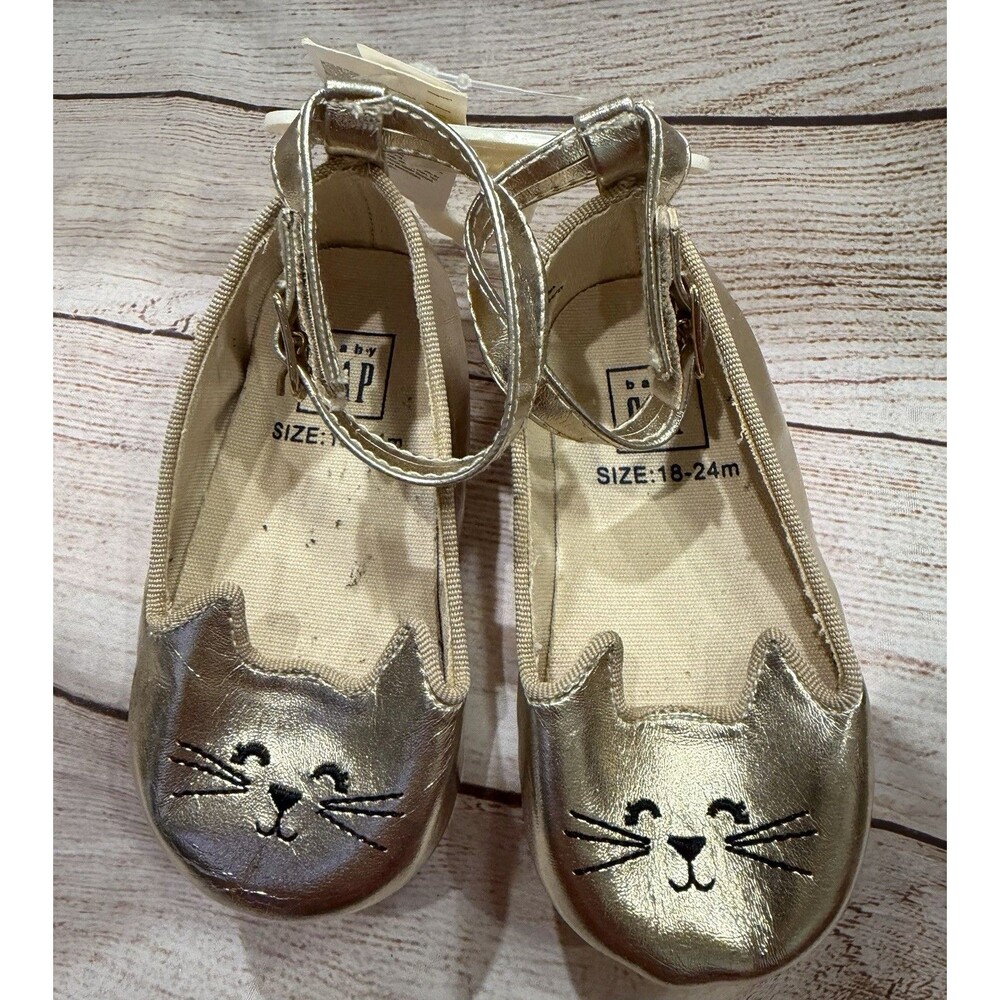 Baby Gap Kitty Shoes Flats Size 18-24 Months Gold Cat Kitten Mary Janes New